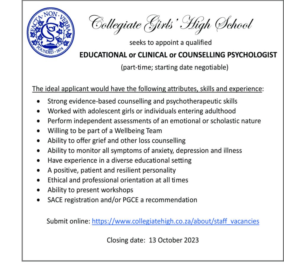 Staff vacancies Collegiate Girls' High School